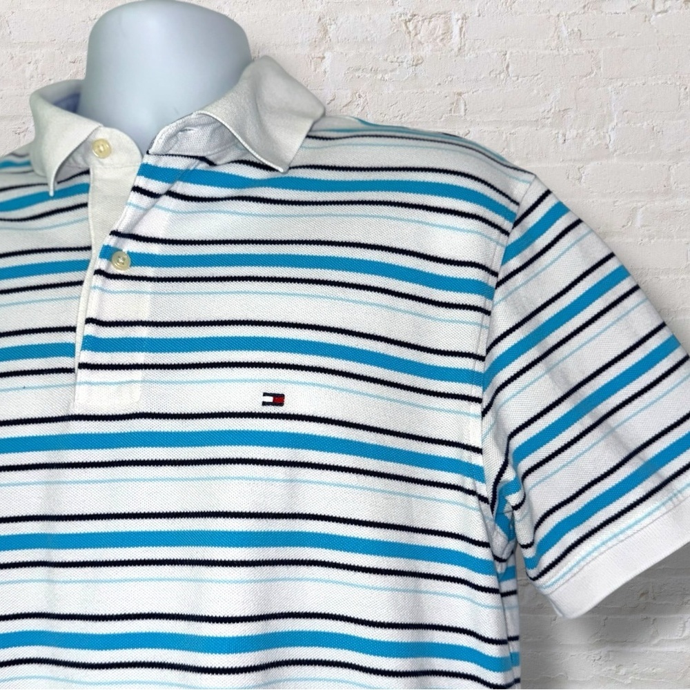 Tommy Hilfiger Men’s Large Striped Polo Shirt White Blue Teal Classic Fit